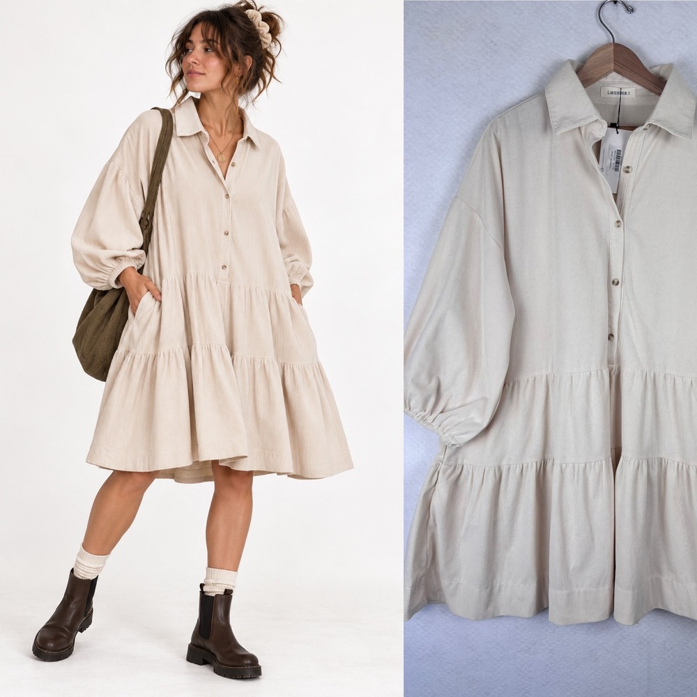 NWT Lavender J Savannah Dress Medium Corduroy Tiered Mini Shirt Dress Cream Boho